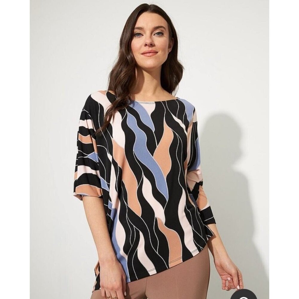 JOSEPH RIBKOFF Top Size 8 Asymmetrical Hem Stretchy Tunic 3/4 Dolman Sleeves